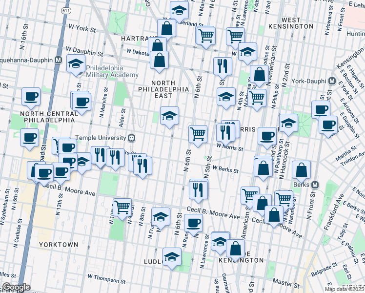 map of restaurants, bars, coffee shops, grocery stores, and more near 1930 North Marshall Street in Philadelphia