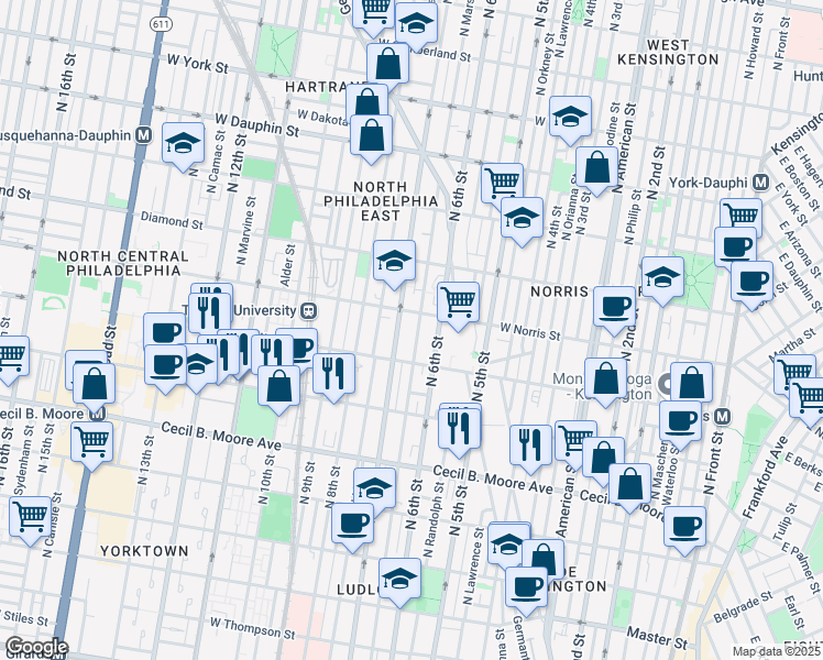 map of restaurants, bars, coffee shops, grocery stores, and more near 1930 North Marshall Street in Philadelphia