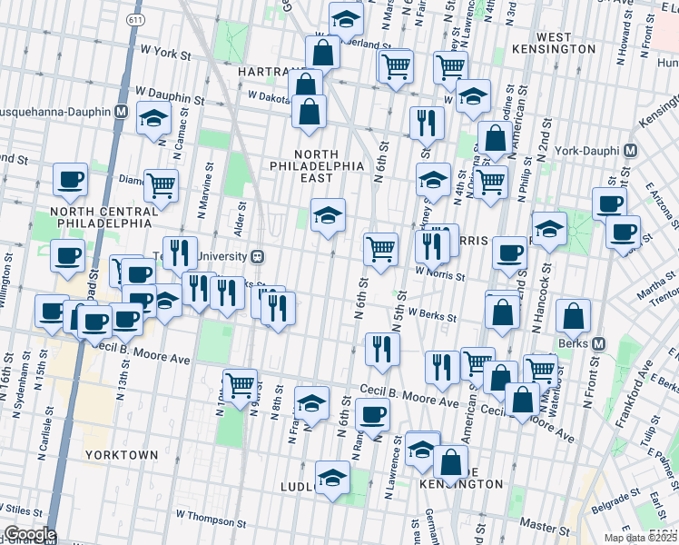 map of restaurants, bars, coffee shops, grocery stores, and more near 1930 North Marshall Street in Philadelphia
