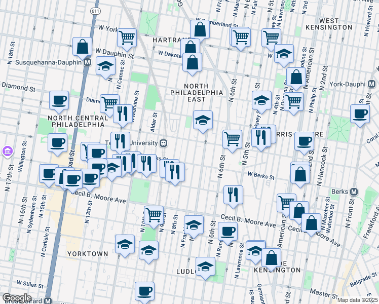 map of restaurants, bars, coffee shops, grocery stores, and more near 1913 North Franklin Street in Philadelphia