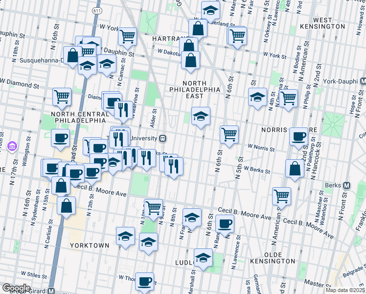 map of restaurants, bars, coffee shops, grocery stores, and more near 1928 North 8th Street in Philadelphia