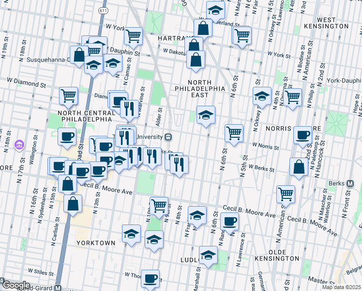 map of restaurants, bars, coffee shops, grocery stores, and more near 1929 North 9th Street in Philadelphia