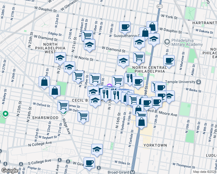 map of restaurants, bars, coffee shops, grocery stores, and more near 1731 West Montgomery Avenue in Philadelphia