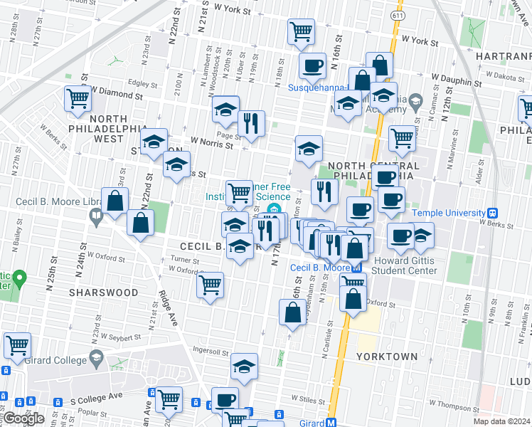 map of restaurants, bars, coffee shops, grocery stores, and more near 1731 West Montgomery Avenue in Philadelphia