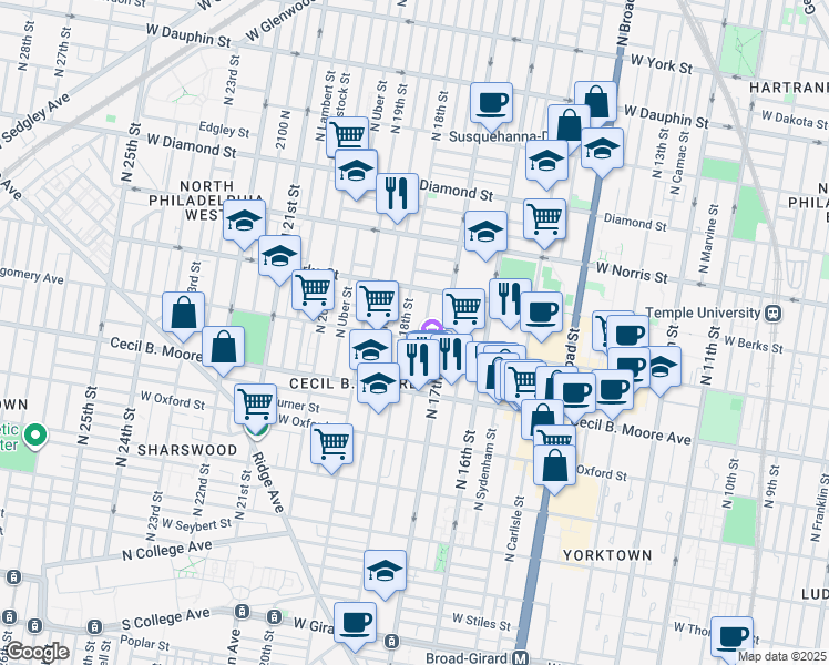map of restaurants, bars, coffee shops, grocery stores, and more near 1731 West Montgomery Avenue in Philadelphia