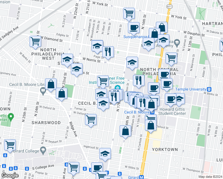 map of restaurants, bars, coffee shops, grocery stores, and more near 1731 West Montgomery Avenue in Philadelphia