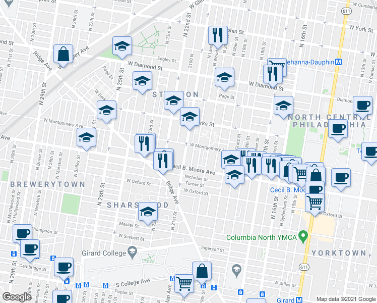 map of restaurants, bars, coffee shops, grocery stores, and more near 1723 North 21st Street in Philadelphia