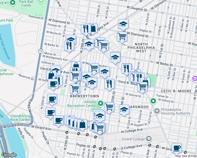 map of restaurants, bars, coffee shops, grocery stores, and more near 2618 Cecil B. Moore Avenue in Philadelphia