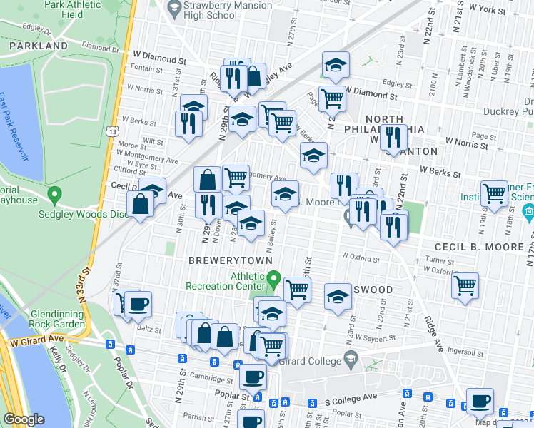 map of restaurants, bars, coffee shops, grocery stores, and more near 2618 Cecil B. Moore Avenue in Philadelphia