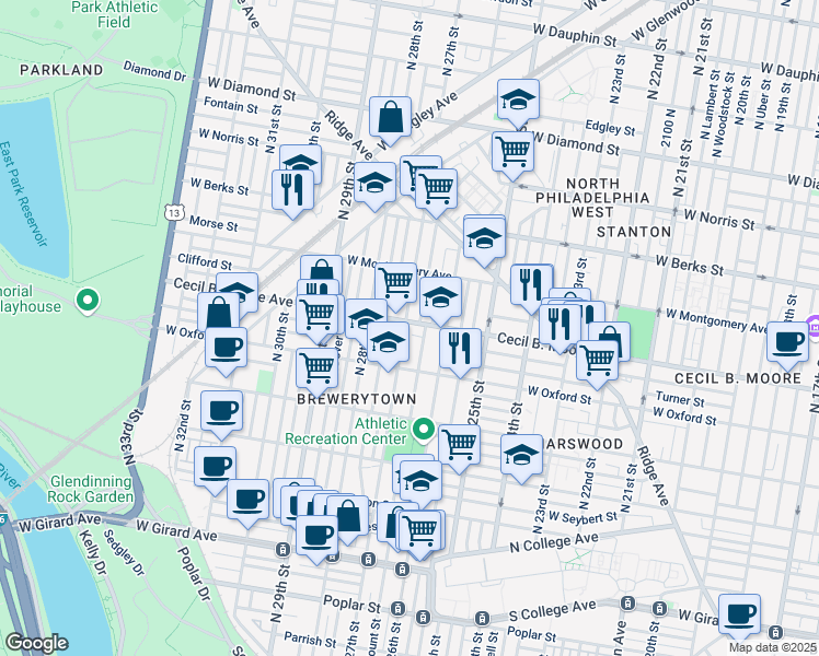 map of restaurants, bars, coffee shops, grocery stores, and more near 2618 Cecil B. Moore Avenue in Philadelphia