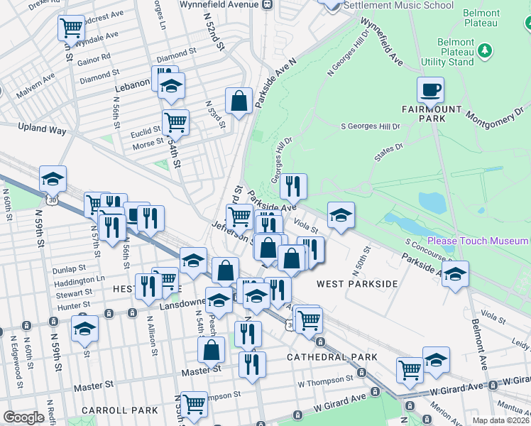 map of restaurants, bars, coffee shops, grocery stores, and more near 5218 Parkside Avenue in Philadelphia