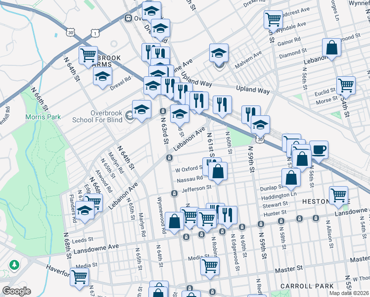 map of restaurants, bars, coffee shops, grocery stores, and more near 6137 West Columbia Avenue in Philadelphia