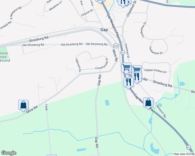 map of restaurants, bars, coffee shops, grocery stores, and more near 942 Gap Road in Kinzers