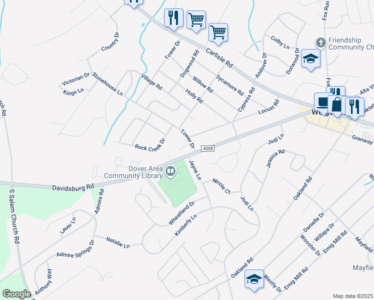 map of restaurants, bars, coffee shops, grocery stores, and more near 3400 Tower Drive in Dover