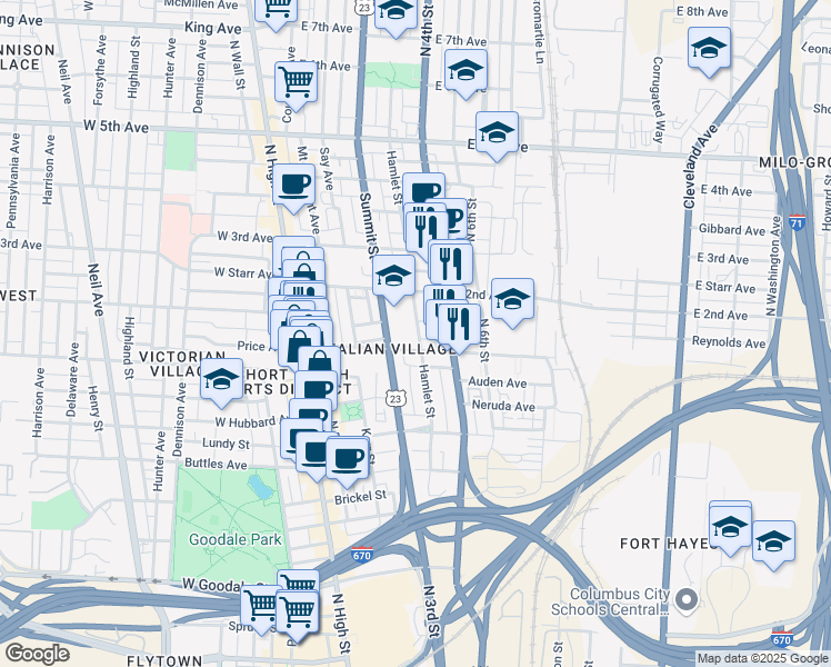 map of restaurants, bars, coffee shops, grocery stores, and more near 901 East 4th Avenue in Columbus
