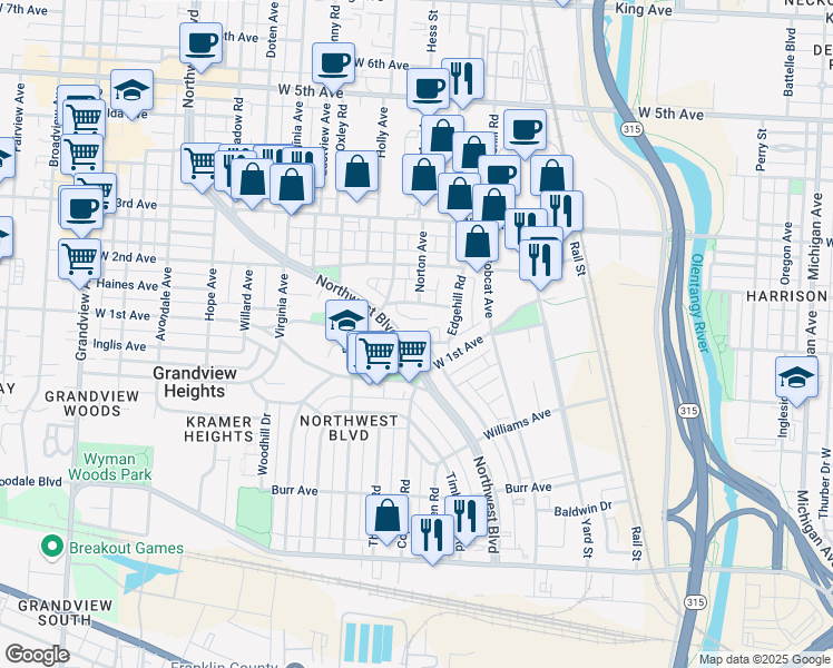 map of restaurants, bars, coffee shops, grocery stores, and more near 1030 Hilo Lane in Columbus