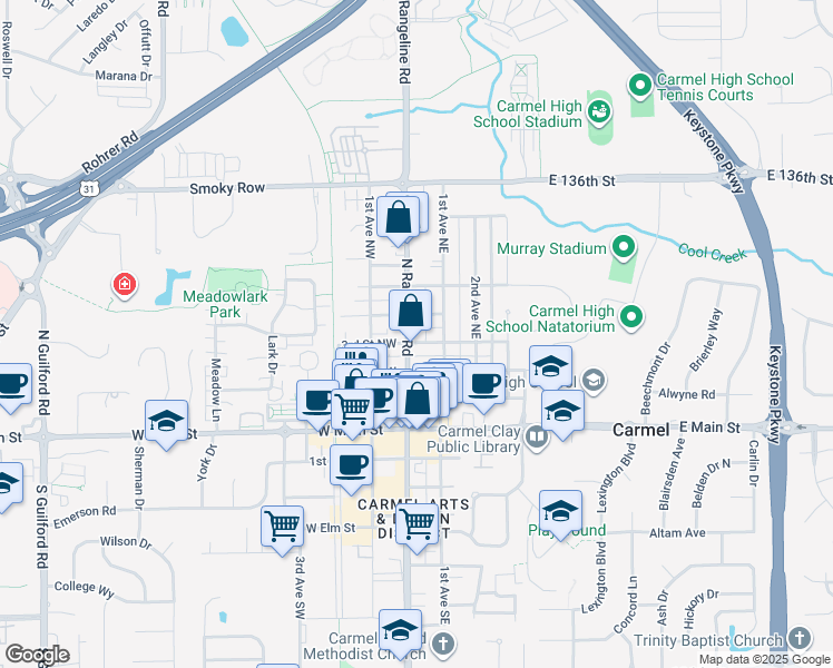 map of restaurants, bars, coffee shops, grocery stores, and more near 311 North Rangeline Road in Carmel