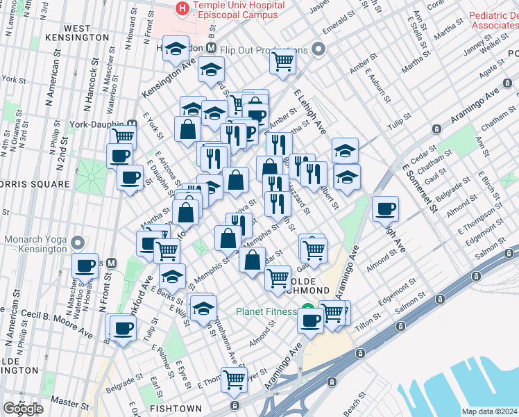 map of restaurants, bars, coffee shops, grocery stores, and more near 2214 East Cumberland Street in Philadelphia