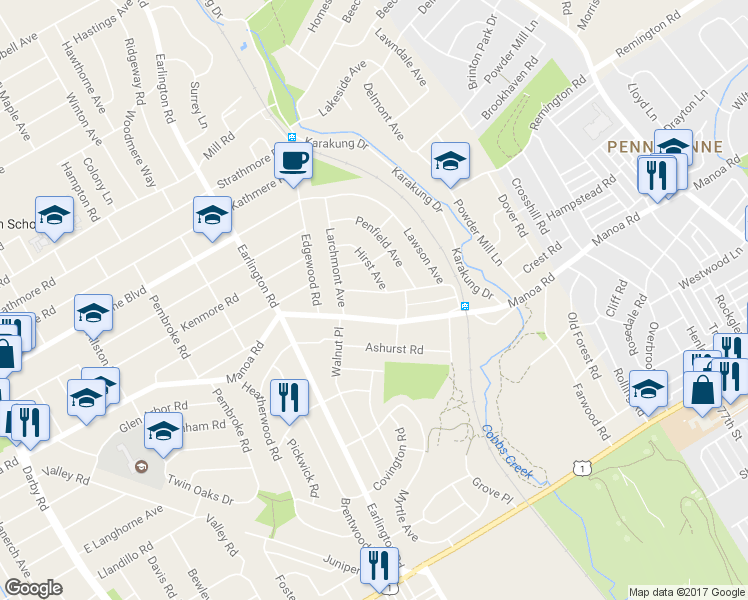 map of restaurants, bars, coffee shops, grocery stores, and more near 621 Merion Avenue in Havertown