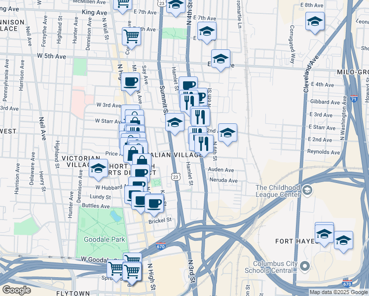 map of restaurants, bars, coffee shops, grocery stores, and more near 933 Hamlet Street in Columbus