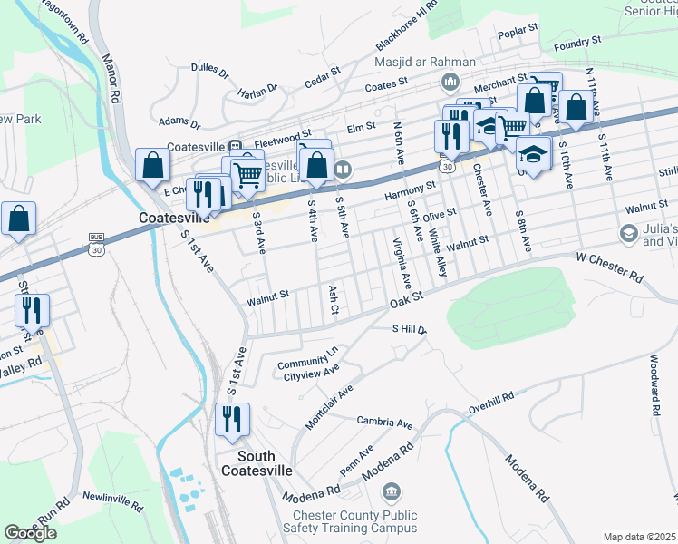 map of restaurants, bars, coffee shops, grocery stores, and more near 423 Walnut Street in Coatesville