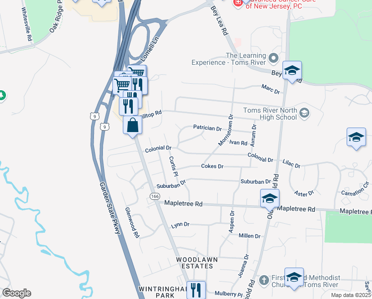 map of restaurants, bars, coffee shops, grocery stores, and more near 308 Colonial Drive in Toms River