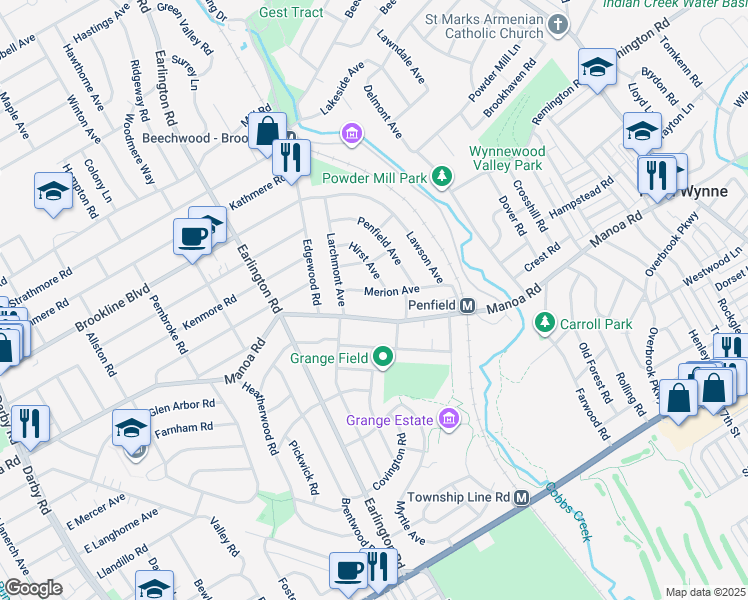 map of restaurants, bars, coffee shops, grocery stores, and more near 621 Merion Avenue in Havertown