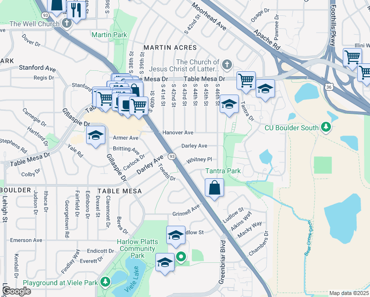 map of restaurants, bars, coffee shops, grocery stores, and more near 4300 Darley Avenue in Boulder