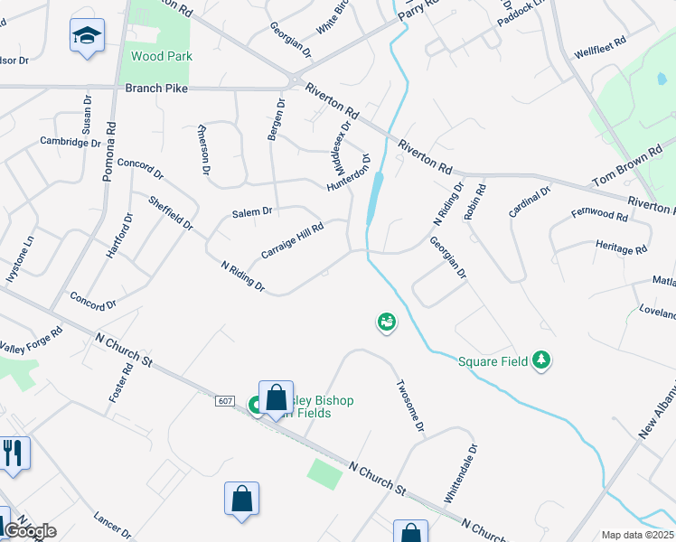 map of restaurants, bars, coffee shops, grocery stores, and more near 232 North Riding Drive in Moorestown