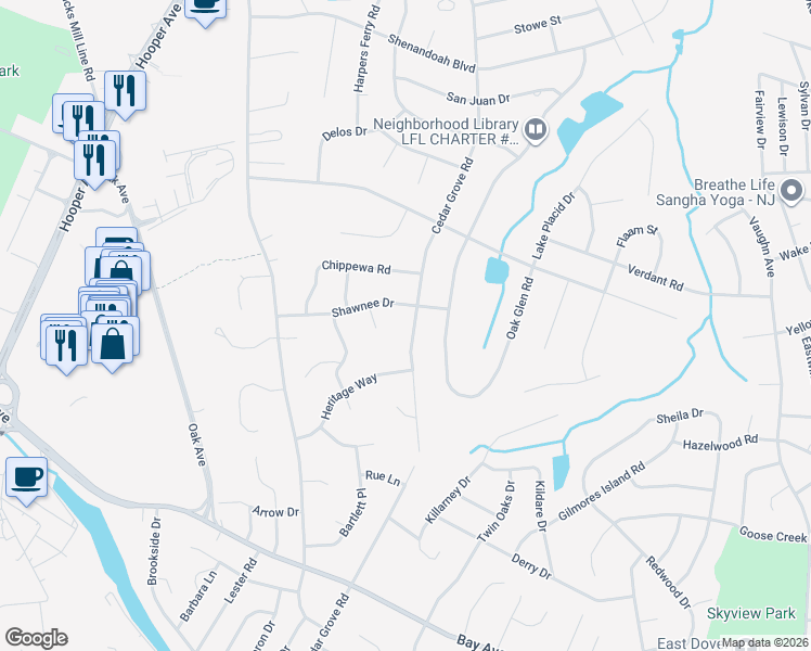 map of restaurants, bars, coffee shops, grocery stores, and more near 603 Cedar Grove Road in Toms River