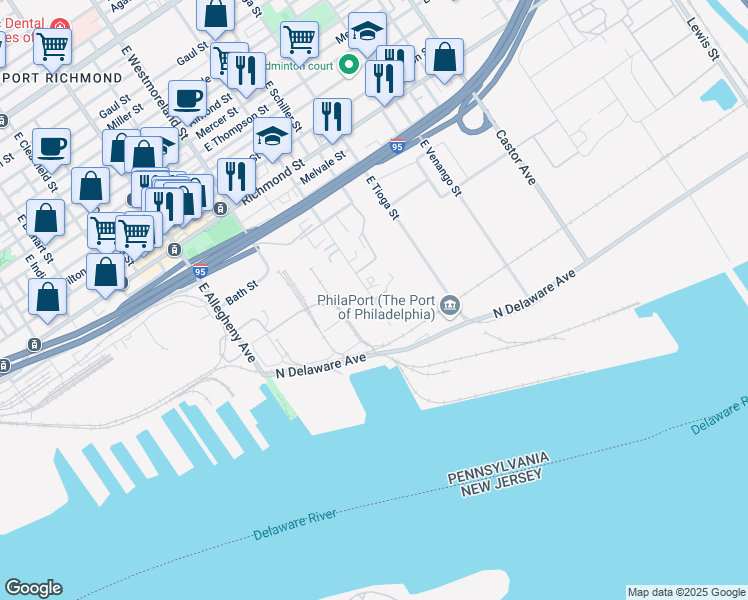 map of restaurants, bars, coffee shops, grocery stores, and more near 3100 East Ontario Street in Philadelphia