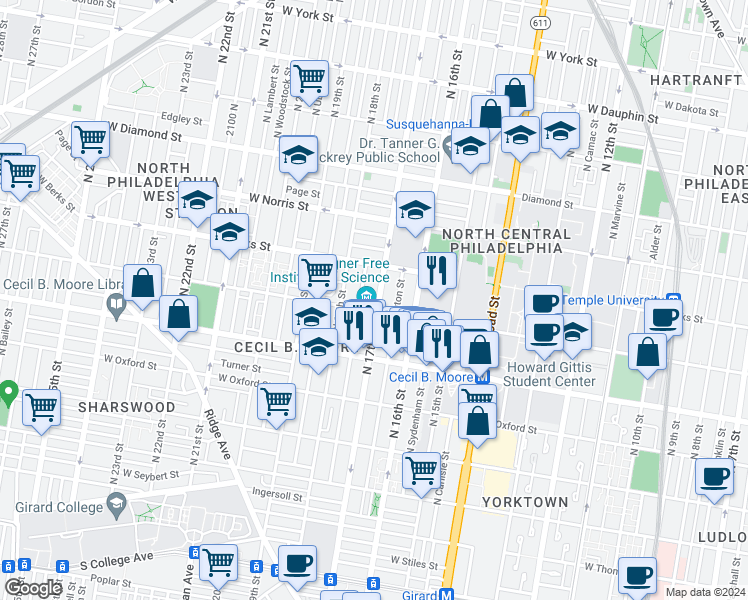 map of restaurants, bars, coffee shops, grocery stores, and more near 1810 North 17th Street in Philadelphia