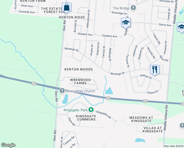 map of restaurants, bars, coffee shops, grocery stores, and more near 1317 Greenoak Court in Springfield