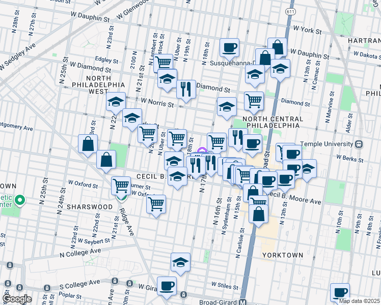 map of restaurants, bars, coffee shops, grocery stores, and more near 1739 West Montgomery Avenue in Philadelphia
