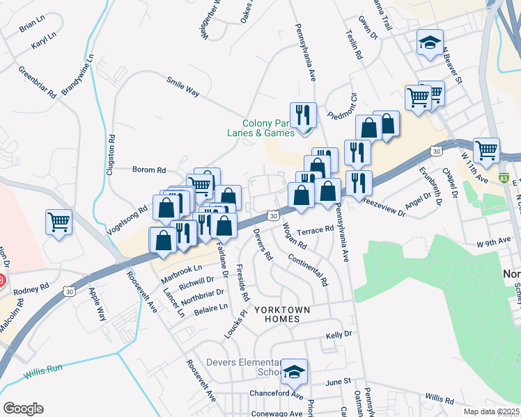 map of restaurants, bars, coffee shops, grocery stores, and more near 1617 Devers Road in York