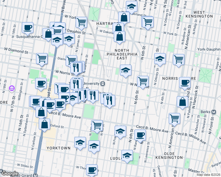 map of restaurants, bars, coffee shops, grocery stores, and more near in Philadelphia