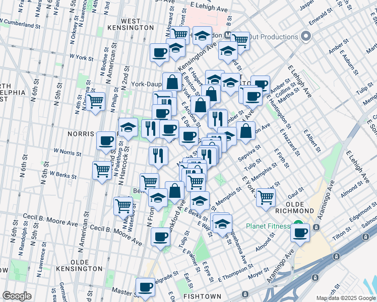 map of restaurants, bars, coffee shops, grocery stores, and more near 2103 East Susquehanna Avenue in Philadelphia