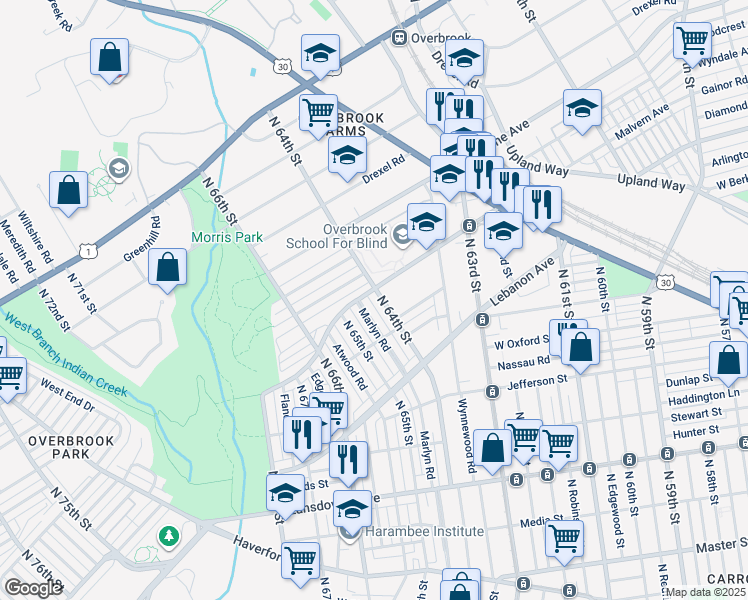 map of restaurants, bars, coffee shops, grocery stores, and more near 1250 North 64th Street in Philadelphia