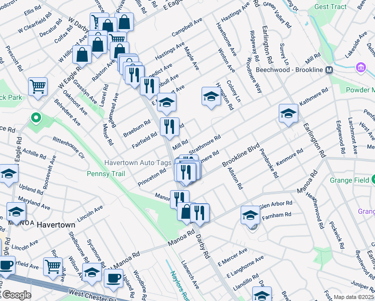 map of restaurants, bars, coffee shops, grocery stores, and more near 20 Strathmore Road in Havertown