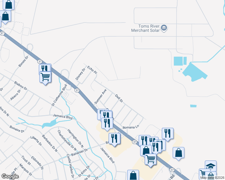 map of restaurants, bars, coffee shops, grocery stores, and more near 1185 Dell Street in Toms River