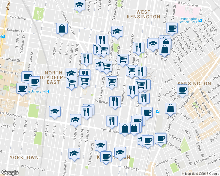 map of restaurants, bars, coffee shops, grocery stores, and more near 319 West Norris Street in Philadelphia