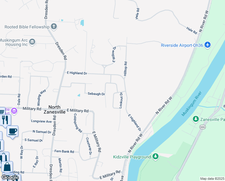 map of restaurants, bars, coffee shops, grocery stores, and more near 3075 Venture Lane in Zanesville