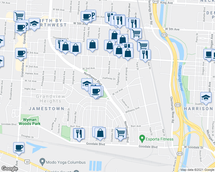 map of restaurants, bars, coffee shops, grocery stores, and more near 1030 Hilo Lane in Columbus