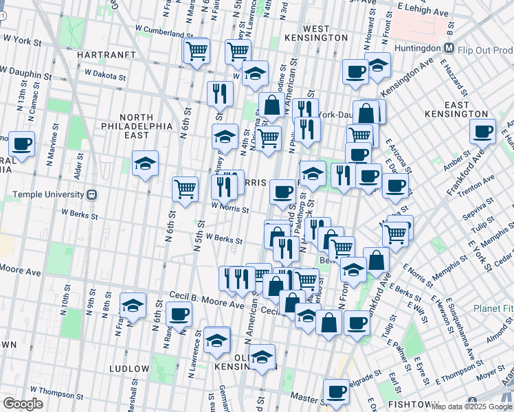 map of restaurants, bars, coffee shops, grocery stores, and more near 2004 North Bodine Street in Philadelphia