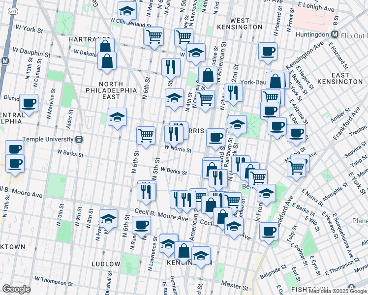 map of restaurants, bars, coffee shops, grocery stores, and more near 319 West Norris Street in Philadelphia