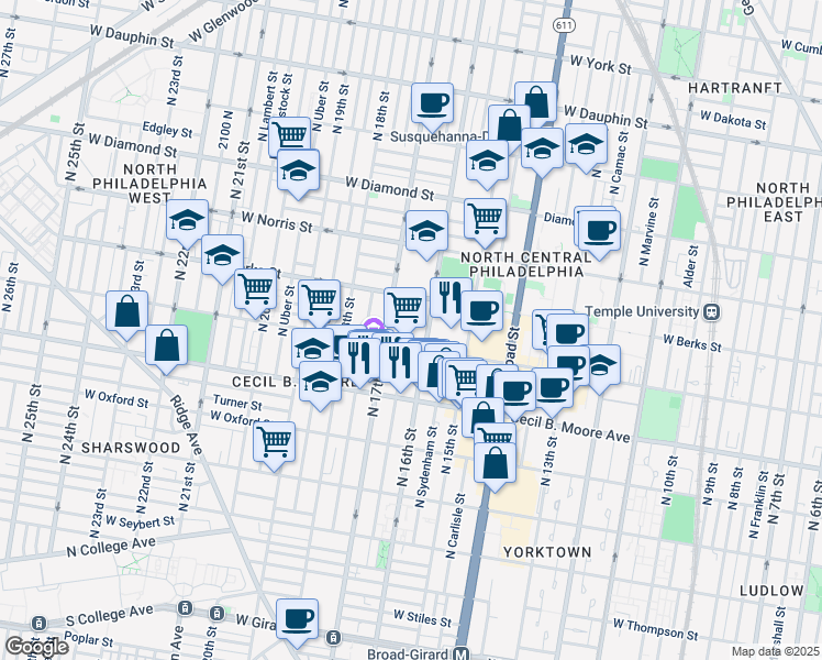 map of restaurants, bars, coffee shops, grocery stores, and more near 1823 Willington Street in Philadelphia