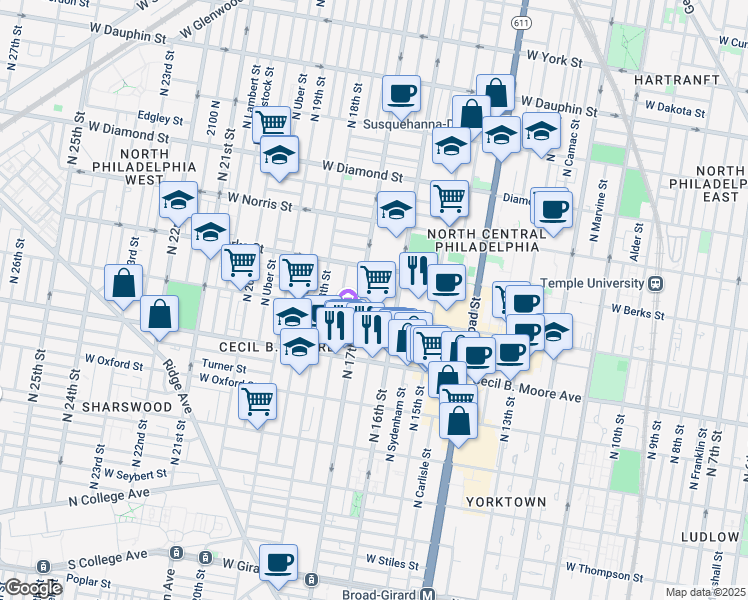 map of restaurants, bars, coffee shops, grocery stores, and more near 1812 Willington Street in Philadelphia