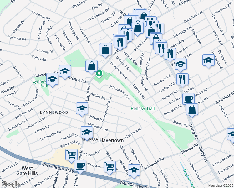 map of restaurants, bars, coffee shops, grocery stores, and more near 409 Lawrence Road in Havertown