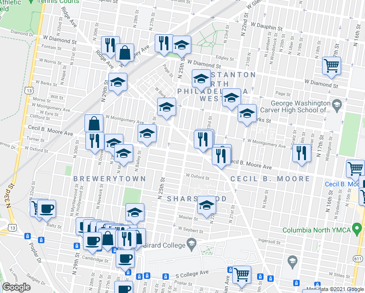 map of restaurants, bars, coffee shops, grocery stores, and more near 2410 Clifford Street in Philadelphia