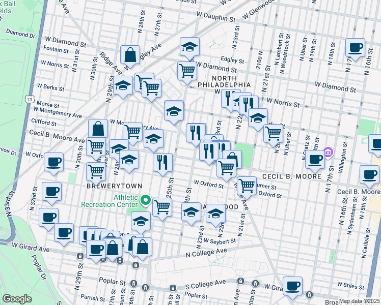 map of restaurants, bars, coffee shops, grocery stores, and more near 2410 Clifford Street in Philadelphia
